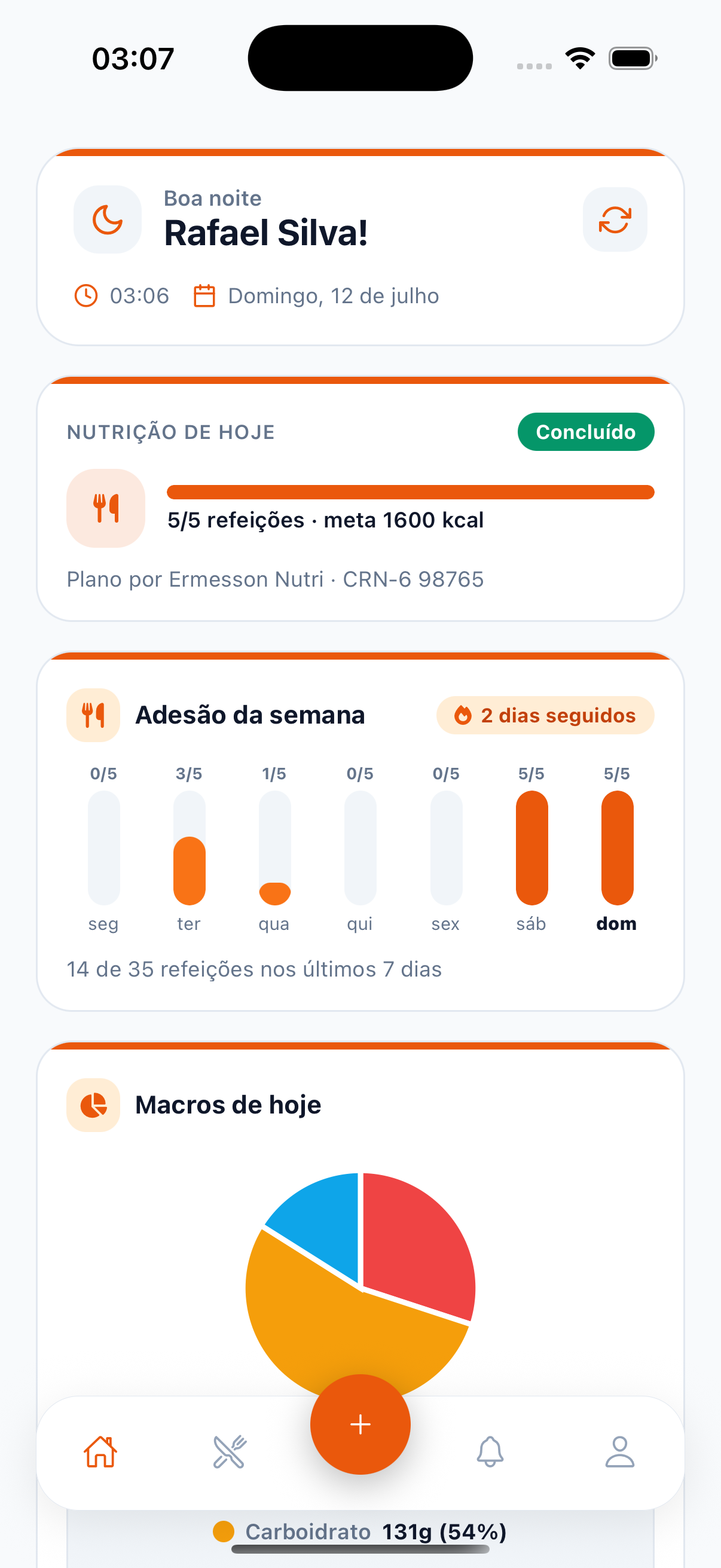 Plano alimentar: adesão da semana, macros e refeições